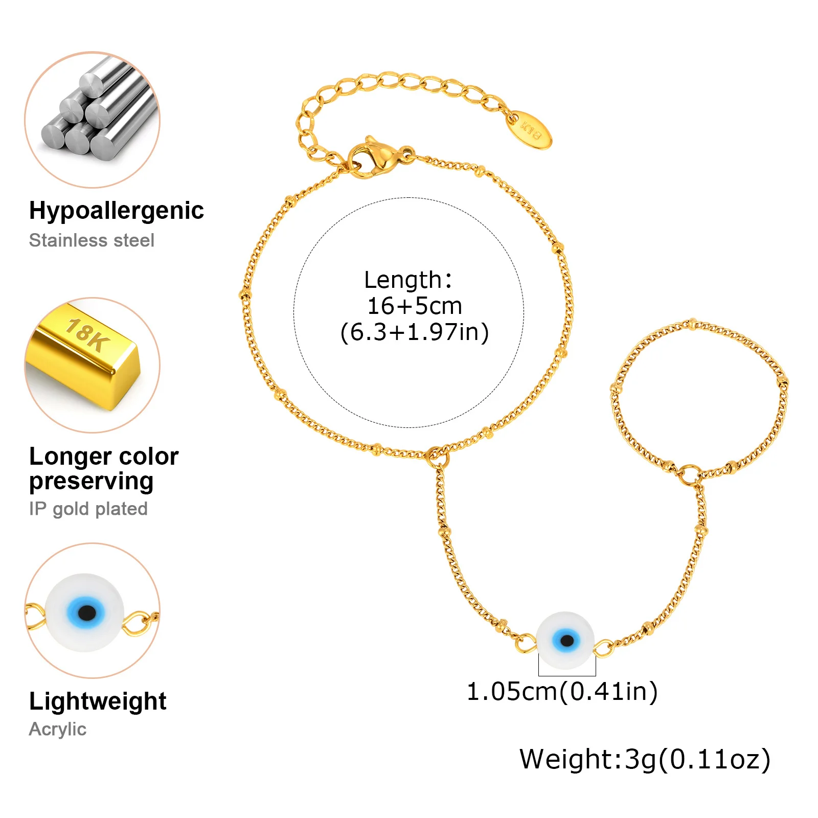 Vnox Evil Eye Charm Gold Color Finger Hand Chain Bracelet Elegant Fashion Women Jewelry Accessories Wholesale - Image 5