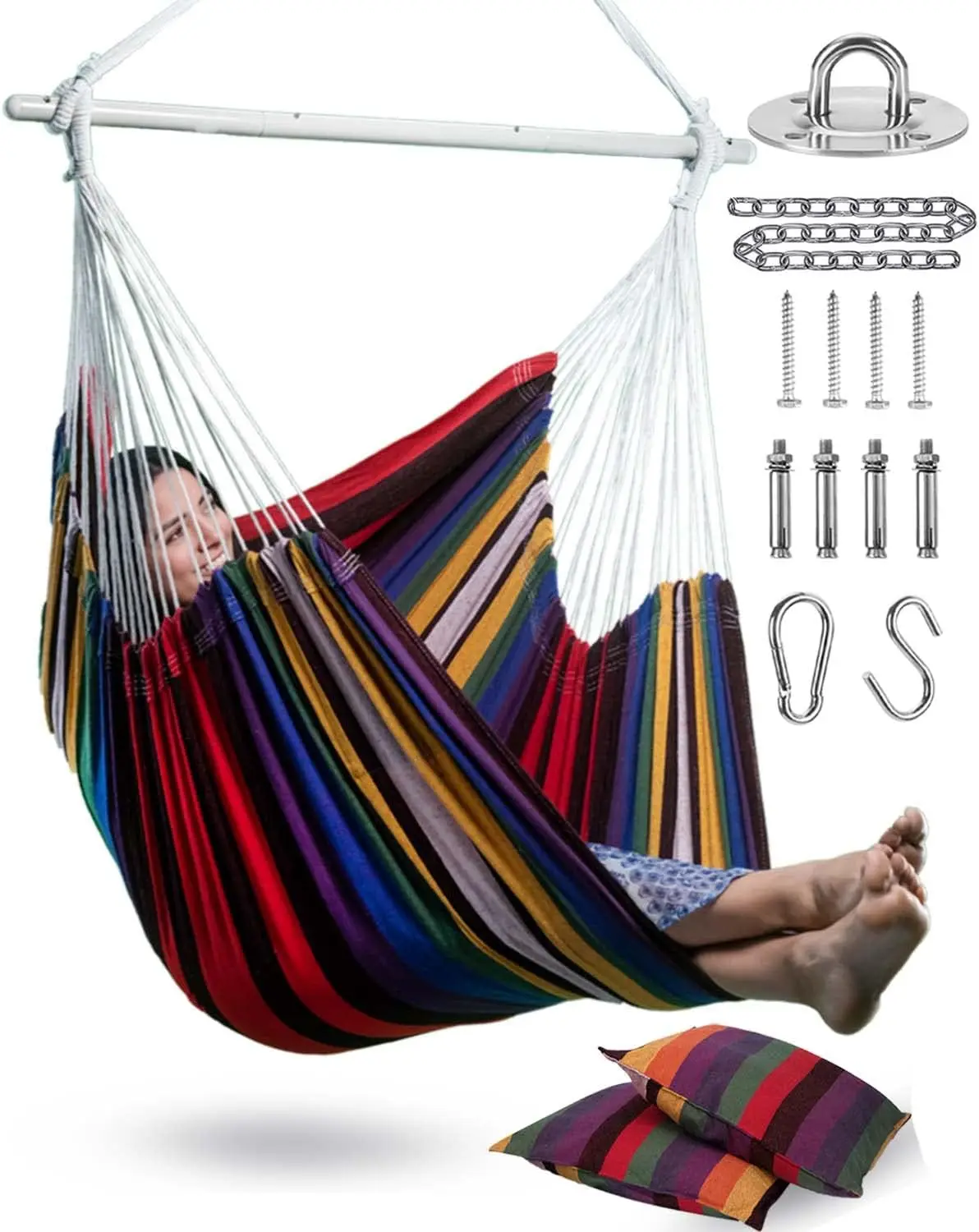 

XXL Hammock Chair with 2 Cushions - Max 500lbs, Perfect for Patio, Porch, Bedroom, Backyard - Includes Hanging Hardware Kits