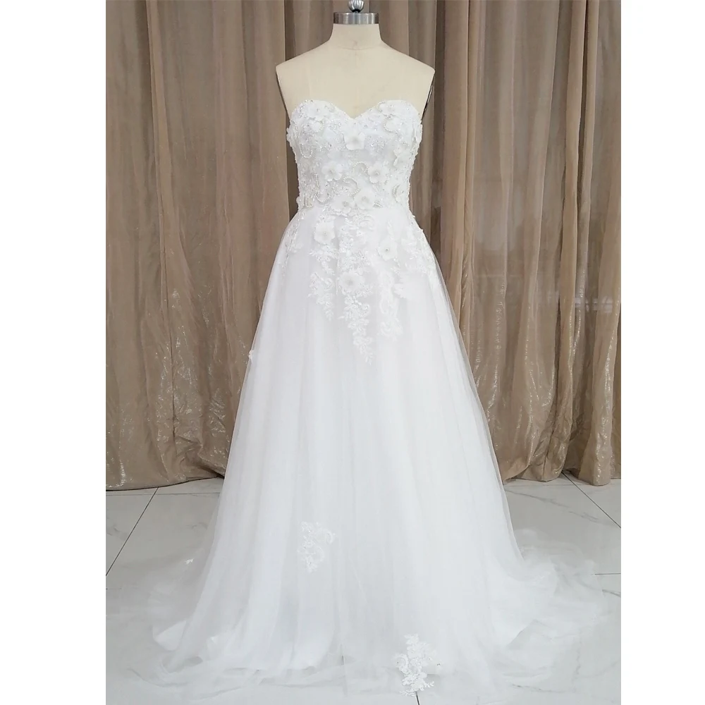 JIERUIZE 3D Lace Appliques Luxury Boho Wedding Dresses Sweetheart A-line Pearls Bridal Gowns Sweep Train