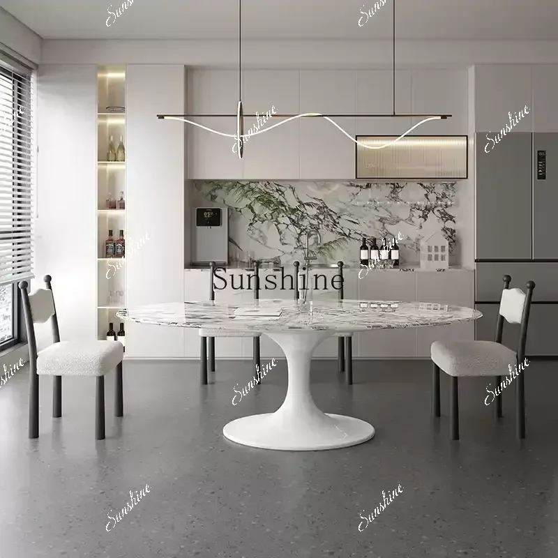 

French oval dining table marble high-end living room simple white rock slab tableM