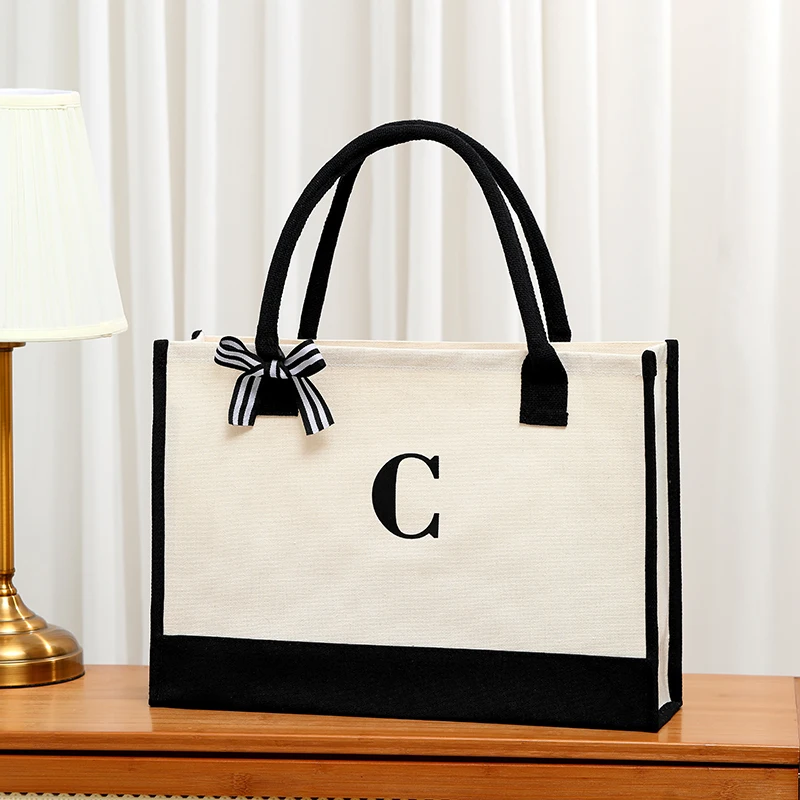 Solid-color canvas letter bag, stylishly stitched tote bag, large-capacity thick canvas bag, handbag
