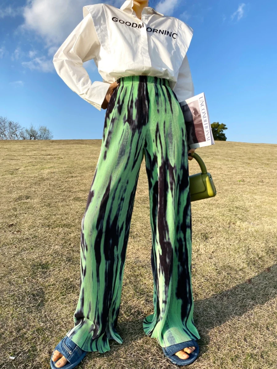 

Женские брюки с высокой талией, свободного кроя, прямые, летние, новые, с эффектом окрашивания, широкие штанины, на резинке, повседневные, модные