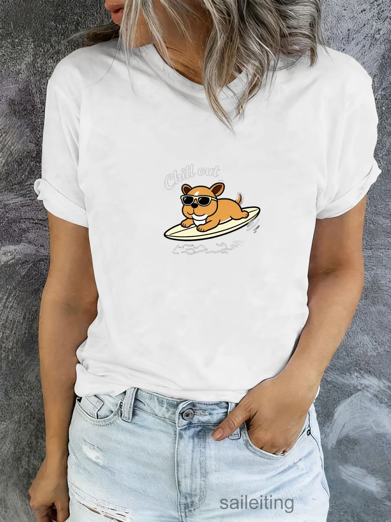 Chill Out Orange Dog Surfing T-Shirt - Cartoon Summer Short Sleeve Tee for Men Women, Casual Crew Neck Top with Rolled Sleeve
