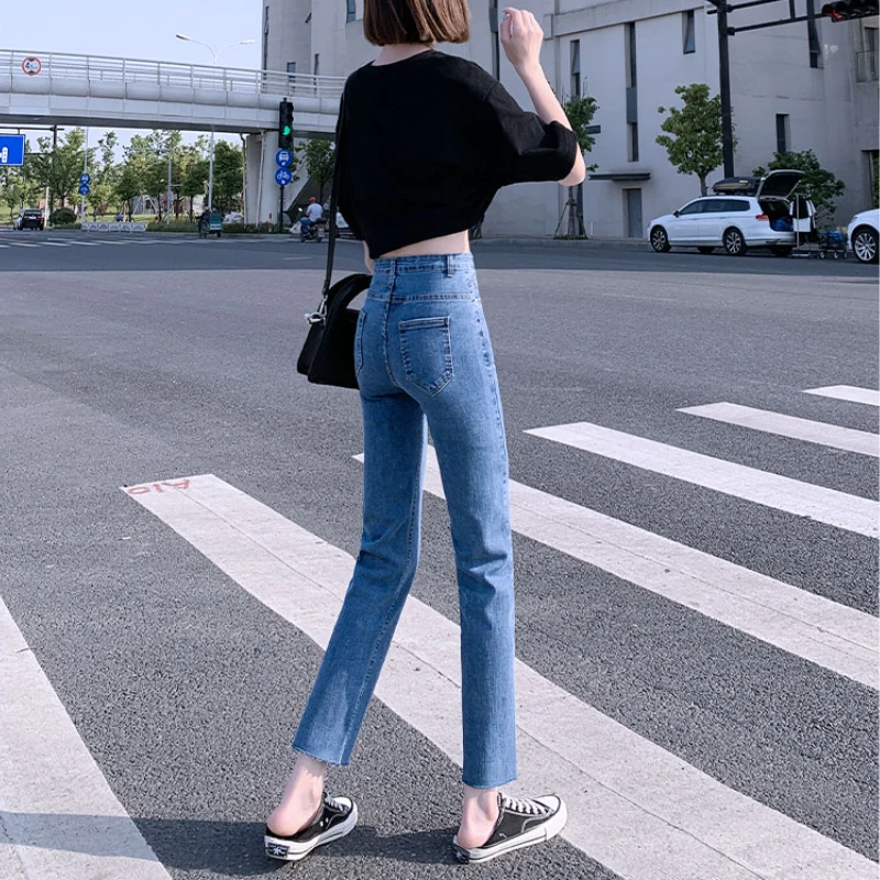 청바지 여성 한국 스타일 Feminino 바지 캐주얼 하이 웨이스트 학생 가을 기본 소프트 트렌디 슬림 streetwear 솔리드 여성용 핏