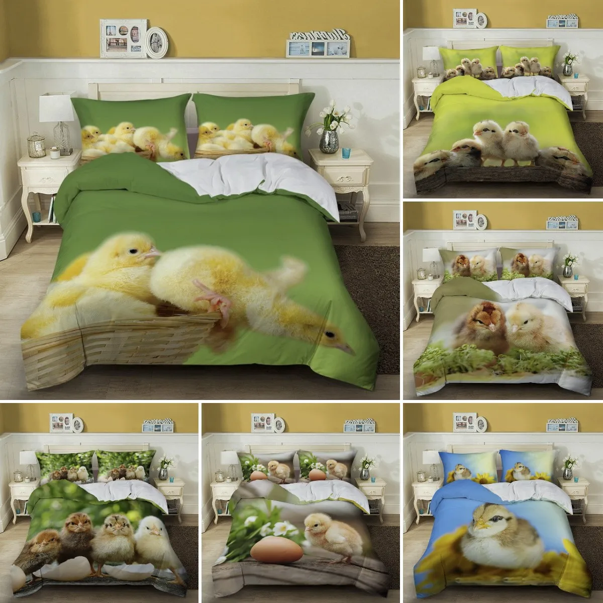 

Green Yellow Cute Chick in Basket Farm Animal Print Duvet Cover Set for Kids. King/Queen Sizes. 3 - Piece Set with 2 Pillowcases
