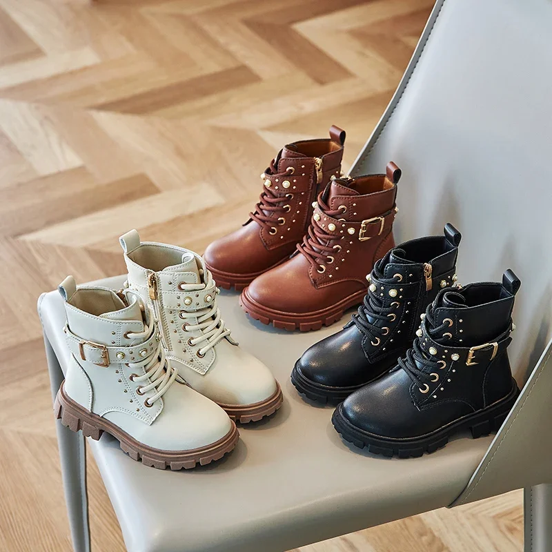 Botas de Otoño Invierno para niñas, botines para niños, botas de princesa con perlas y lentejuelas, zapatos informales antideslizantes para exteriores para niños, talla 26-36