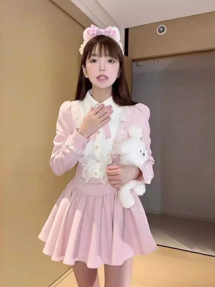 الخريف النمط الفرنسي الوردي كم طويل حفلة ميدي الجنية الحلو القوس فستان بيتر بان طوق المرأة المرقعة الدانتيل مطوي فساتين صغيرة