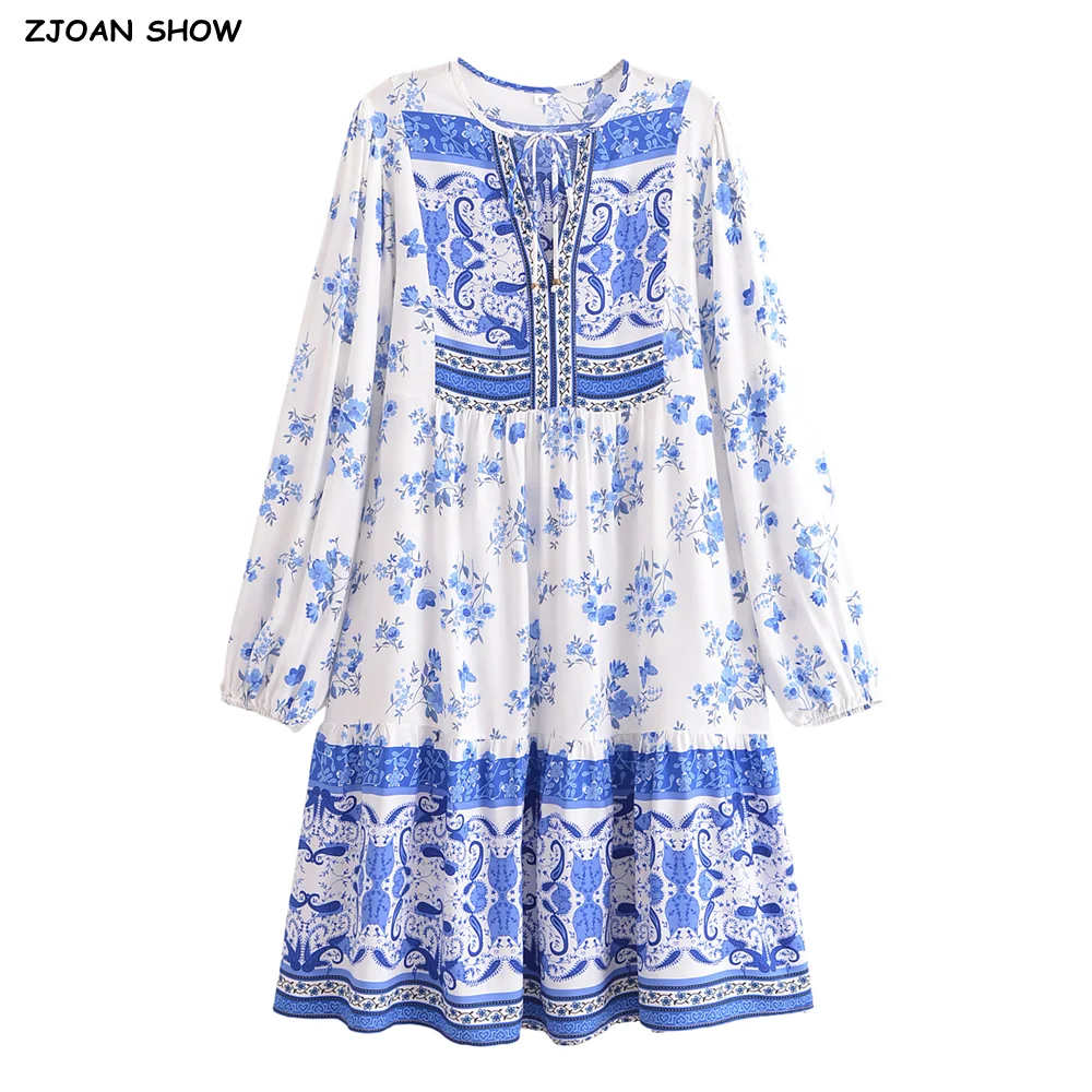 2024 BOHO Tie Bow Rope Collar White Blue Flower Location Flower Print Midi Dress donna Full Puff Sleeve allentato Holiday Beach Robe