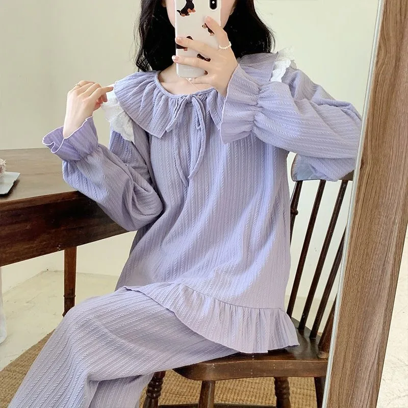 Women Spring Autumn New Pajamas with Chest Pad Solid Color Pyjamas Long Sleeve Ruffled Nightdress Simple Sweet Sleepwear Set