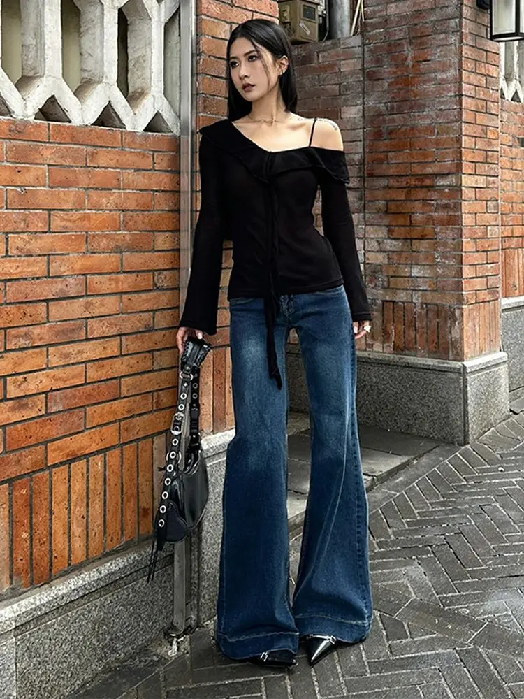 Low Waiste Vintage Flare Jeans Women Personalized  Slim Fashion Sexy Casual Loose Personalized Straight Wide Leg Denim Pants