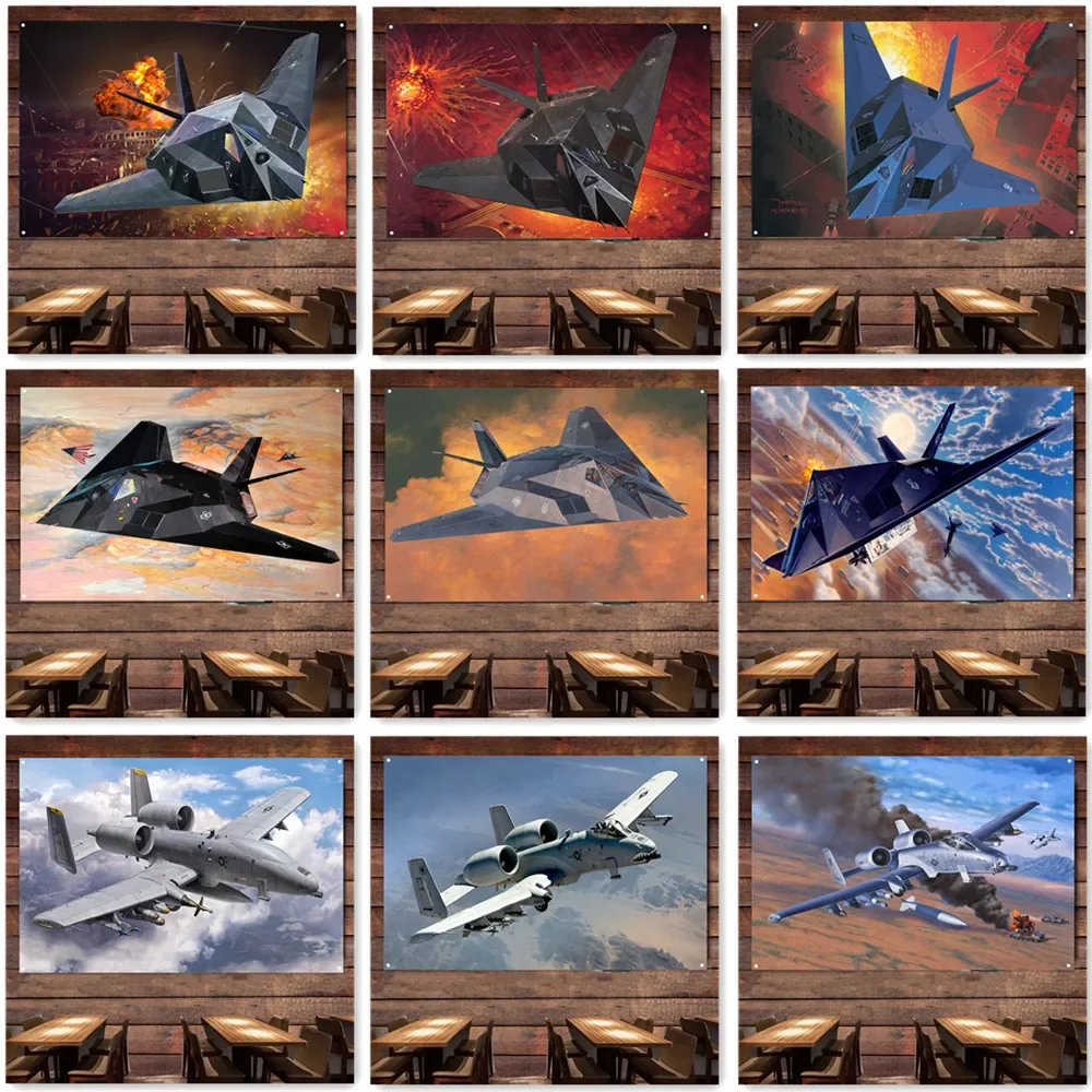 USA Air Force F-117 Nighthawk Stealth Bomber & A-10 Thunderbolt II UAV Posters Wall Art Flag Tapestry Home Room Decor Banner