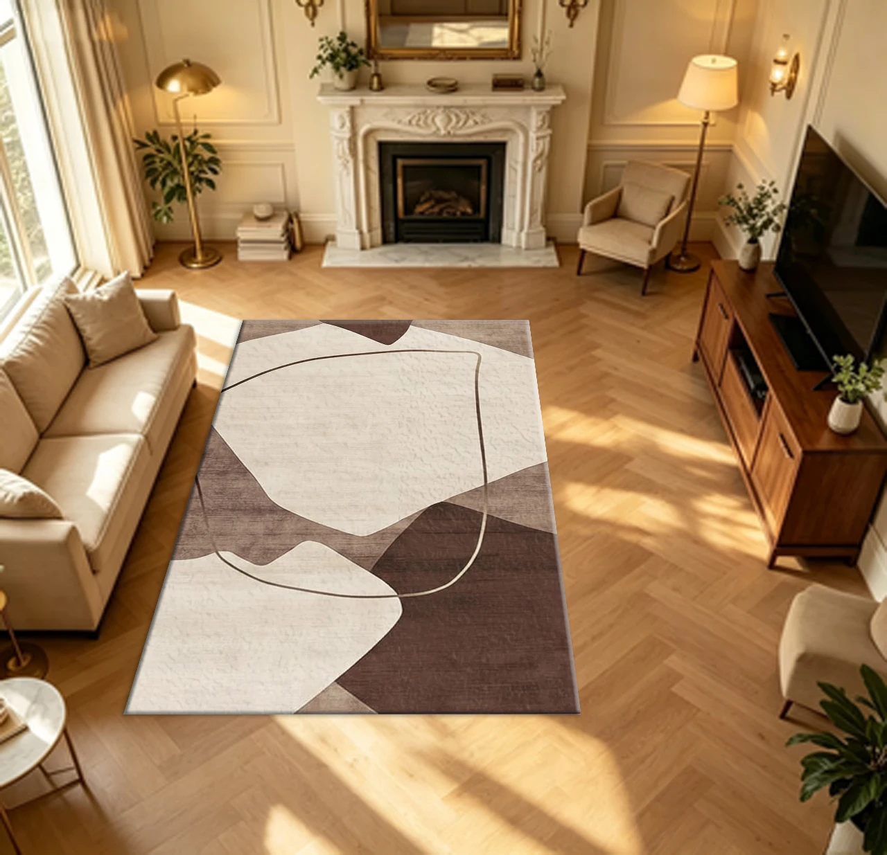 Brown Beige Wavy Abstract Carpet Flooring Mid Century Soft Curved Shape Area Rug for Modern Household Decoration