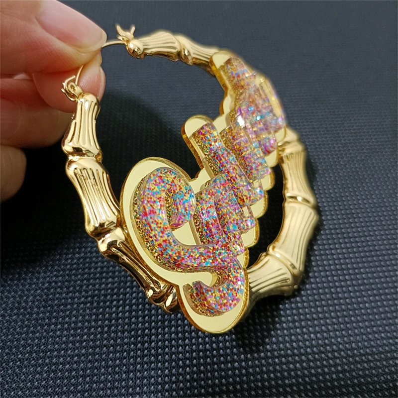 KUGUYS Bamboo Glitter Hoop Earrings for Women Letters Acrylic Gold Color Hyperbole Jewelry Fashion Accessories