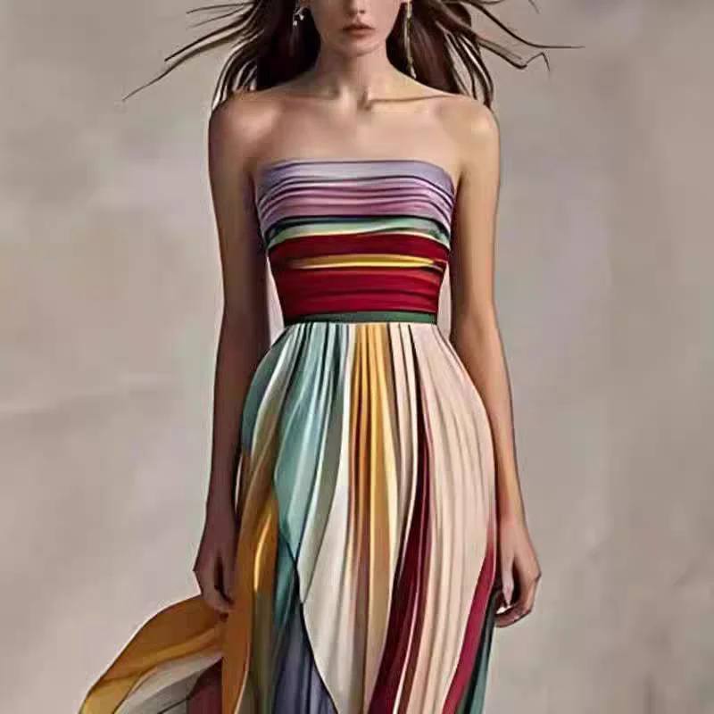 Customized Evening Dress Strapless Multi Color Gradient Pleated Flowy Ruffle Maxi Dress Bohemian Tropical Beach Photoshoot