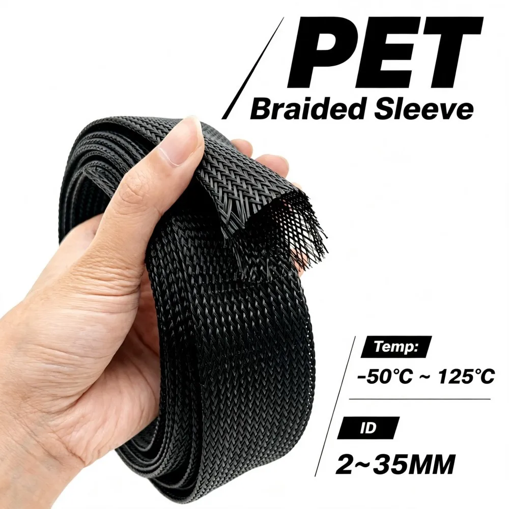 Black Sheath Wire Cable  PET Braided Sleeve ID 2-35mm Breathable Heat Dissipation/Wire Sorting Cable Protection Sleeve