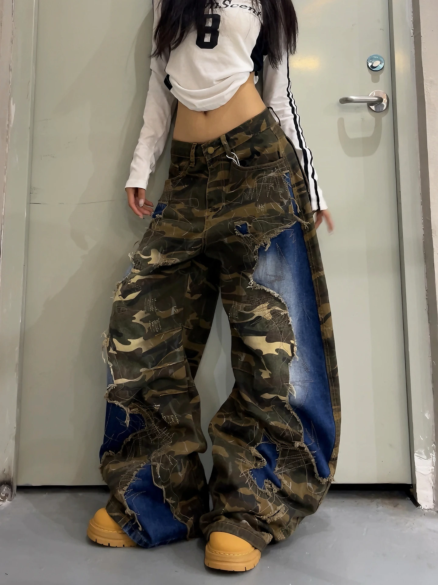 DoubleD American Street Style Heavy Duty Apocalyptic Denim Camouflage Deconstructed Knife Pants Wide Leg Long Trousers for Women