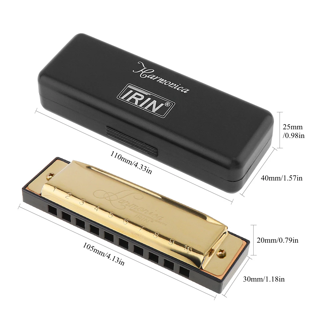 Gold 10 Holes 20 Tone Blues Harmonica Key of C Stainless Steel Mouth Organ Musical Instrument for Professional Player Beginner