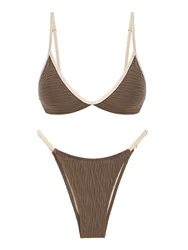 Damskie stroje kąpielowe Seamolly Wave Textured Contrast Piping Triangle Tanga Bikini Set