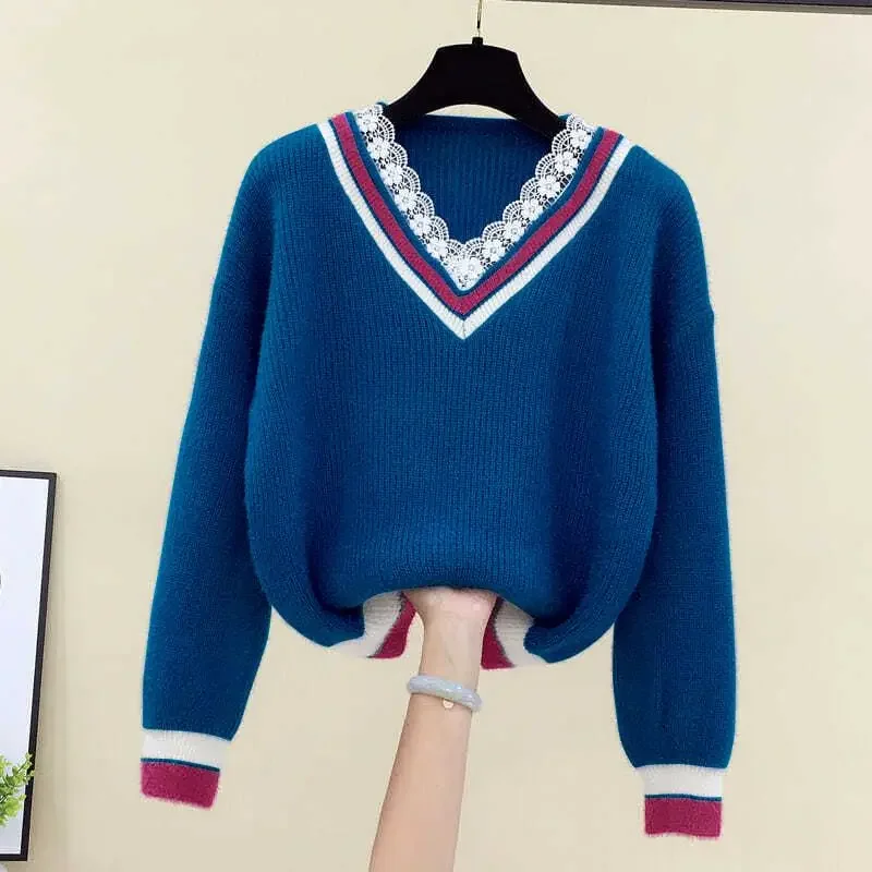 Renda com decote em v 2024 outono novo nicho solto versátil estilo coreano ulzzang solto curto camisola de malha pulôver chique topo