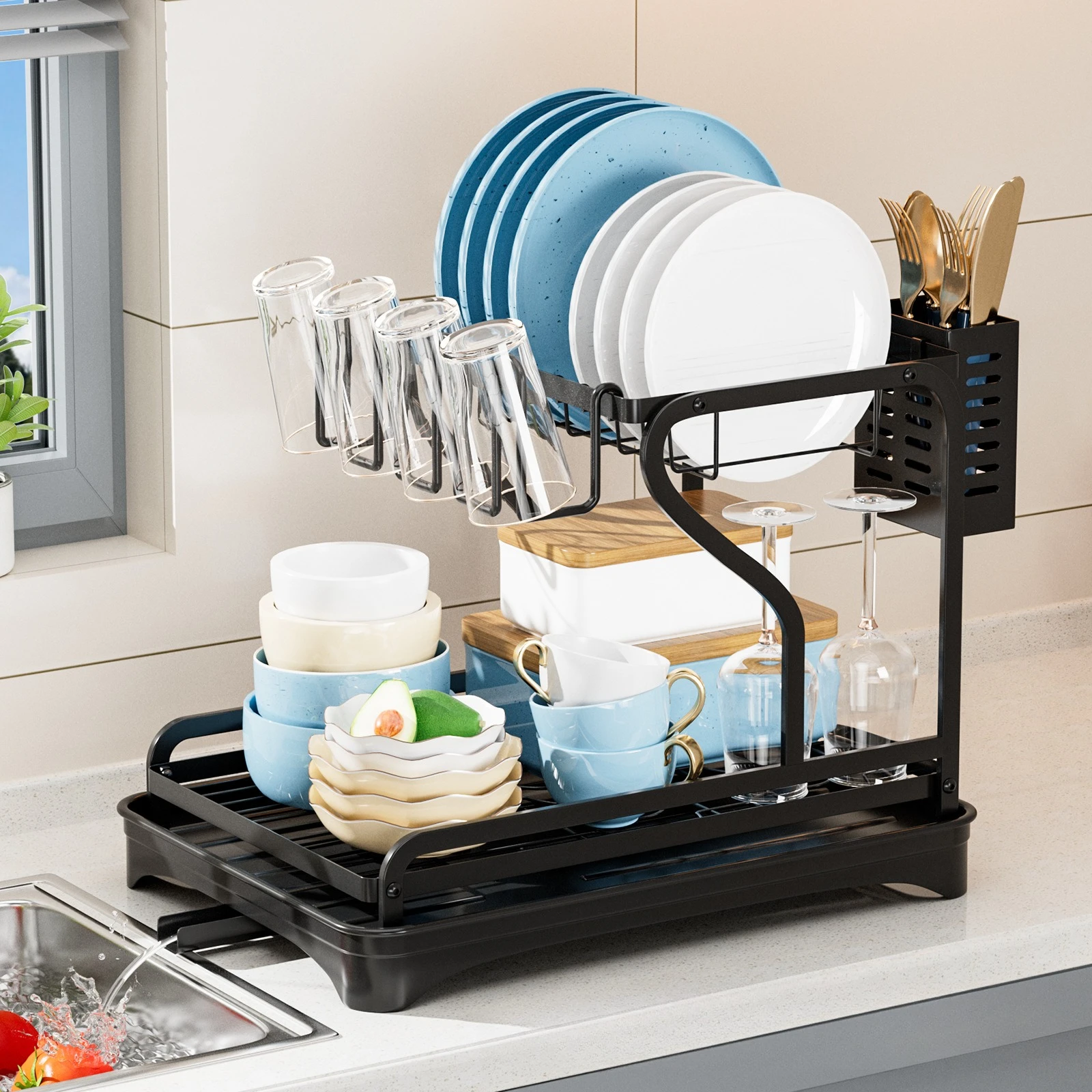 Over Sink Plate Drainer Storage Organizer Adjustable Kitchen Plates Organizer Stainless Steel Dish Drying Rack with Drainboard