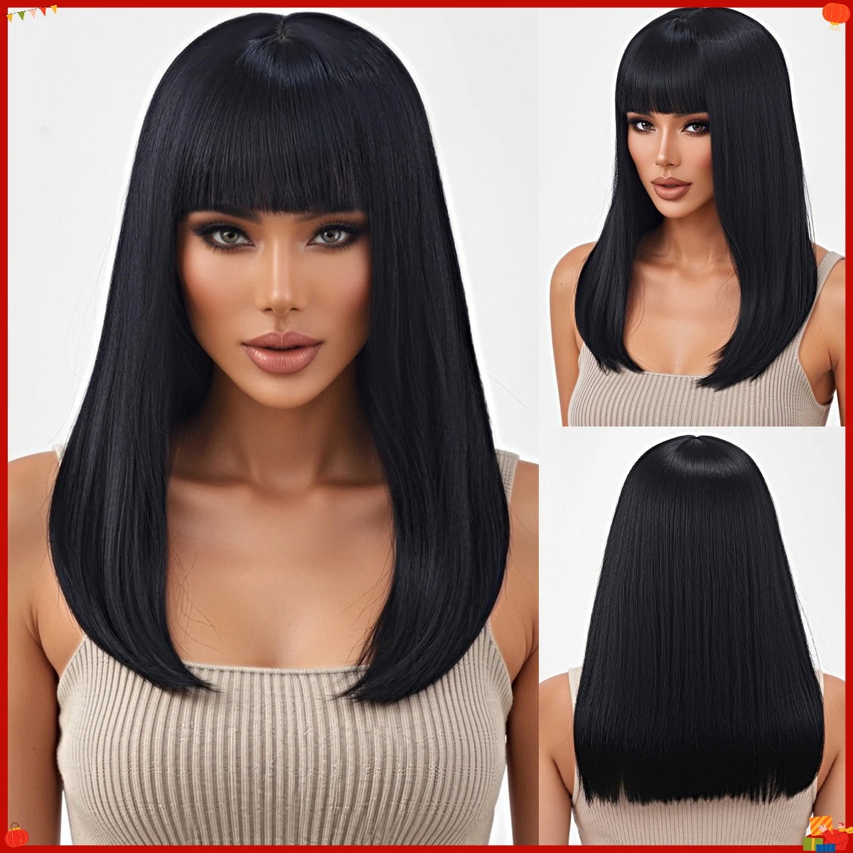 Synthetic Straight Medium Length Wig with Bangs Black Flower Shape Heat Resistant Fiber Hair Costume Party Daily Wear
