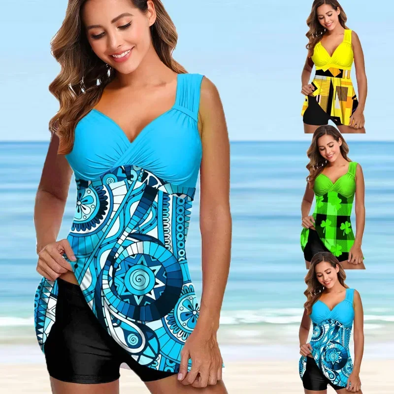 

Women's Summer Fashion Beachwear Swimwear Clover Print Tankini Swimsuit Two Piece Bikini Set Swimwear S-6XL
