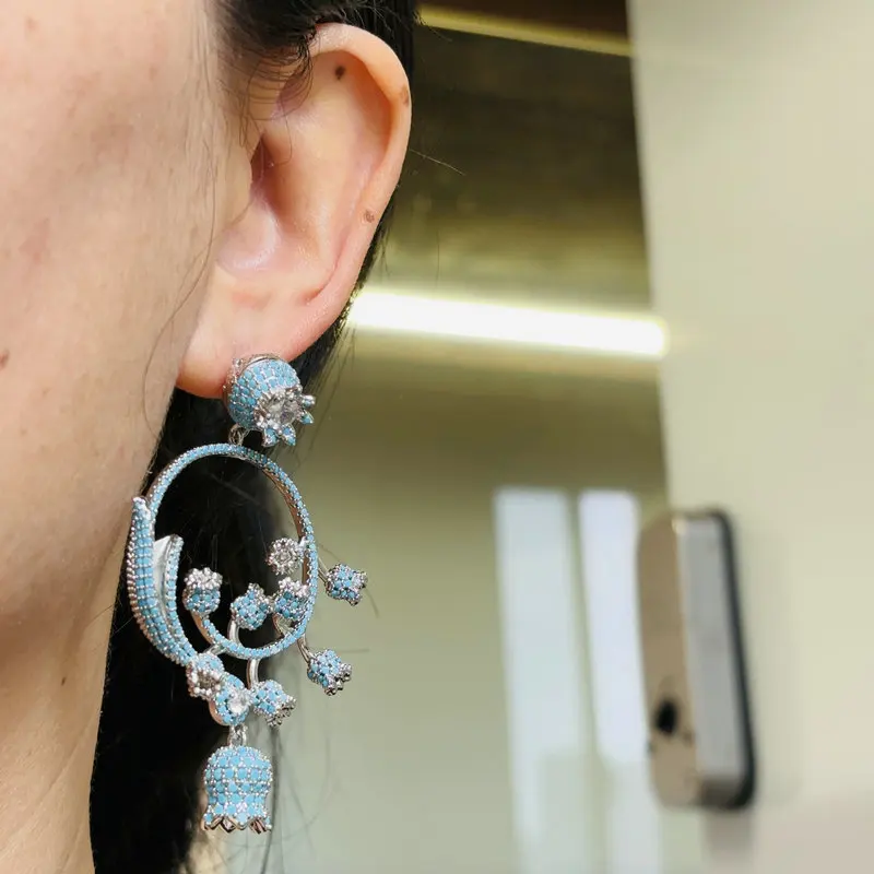 Bilincolor Fashion Blue Cubic Zirconia Flower Big Earring for Women