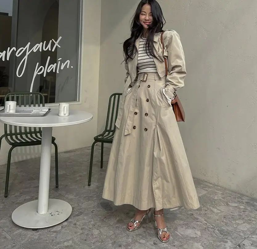 

Ретро-топ с воротником в британском стиле, универсальный, с поясом, утягивающий, на двойной пуговице, с юбкой, модный, из смесового хлопка, весенний.