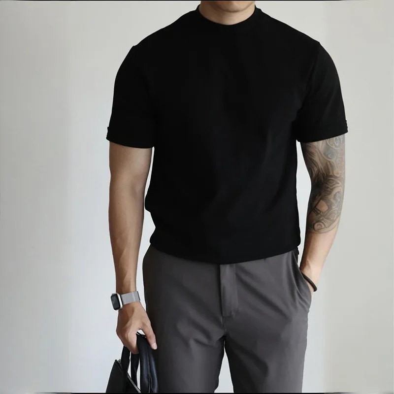 

Мужская рубашка из плотного хлопка в американском стиле с коротким рукавом и средним вырезом, эластичная мужская рубашка в стиле ретро с полувысоким воротником, однотонная, весна-лето, свободная базовая