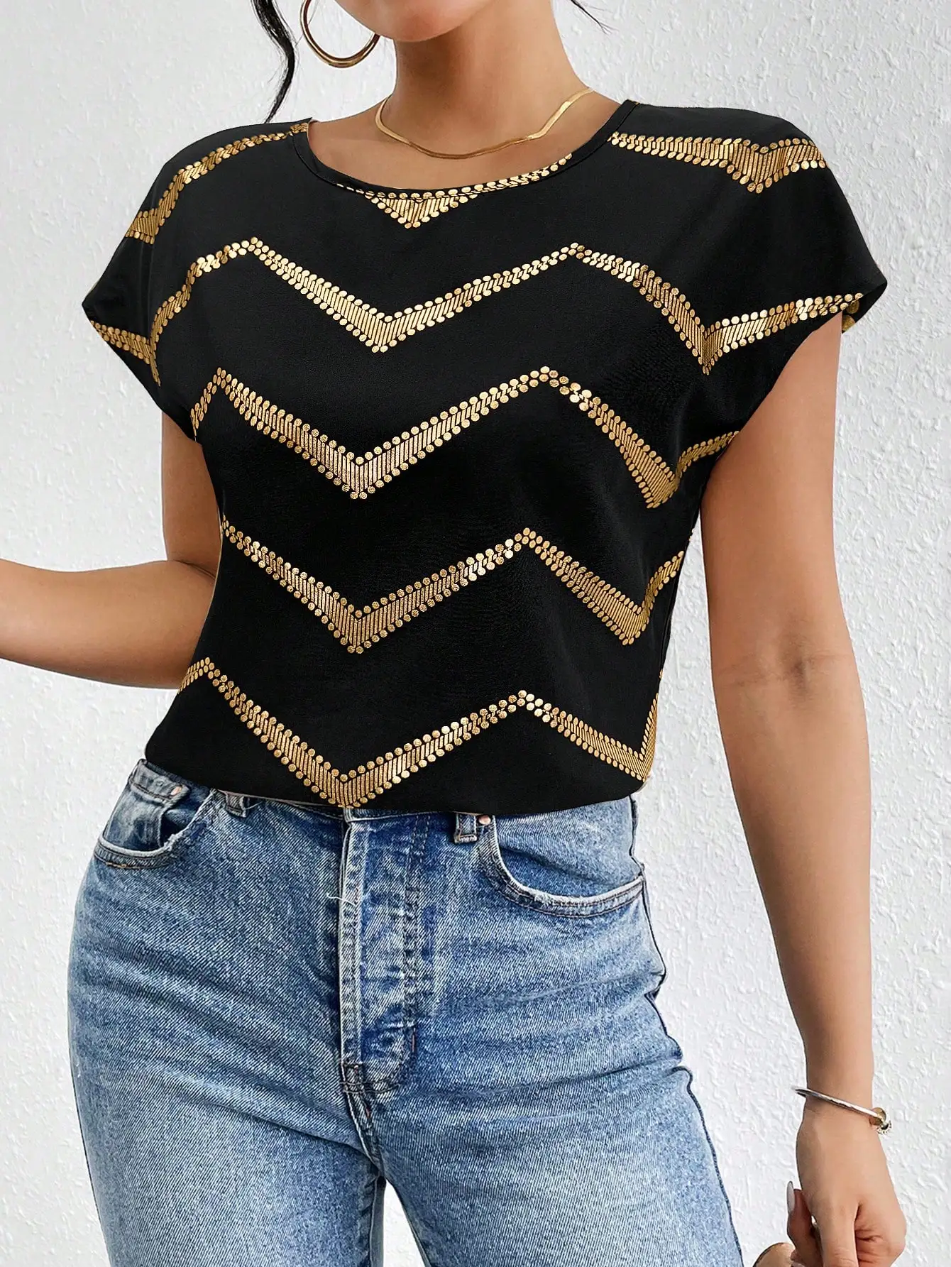 

Женская повседневная свободная блузка с зигзагообразным узором, круглым вырезом и рукавами «летучая мышь»