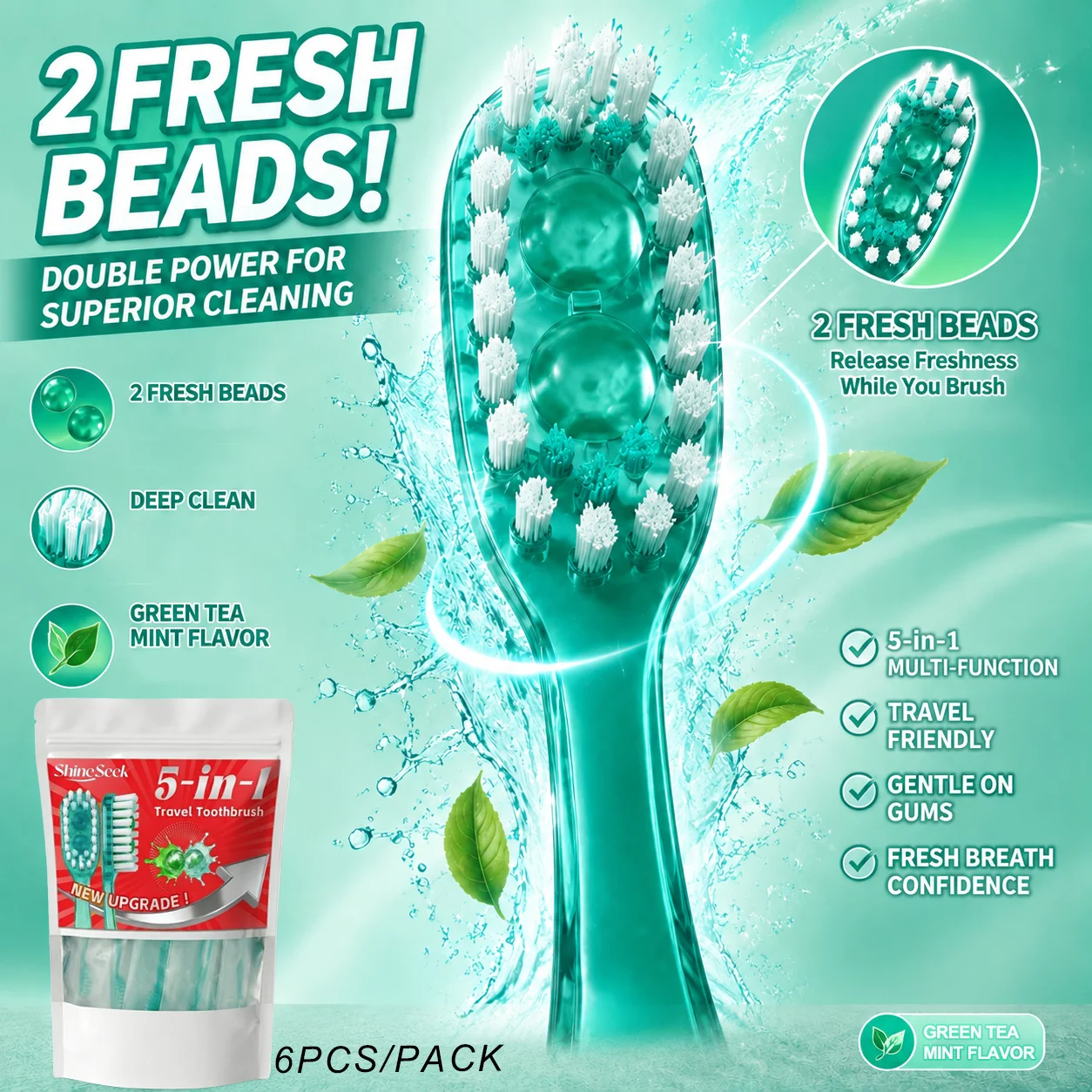 Newly Upgraded Dual-Effect Freshening Beads 6Pcs/Pack, Multifunctional 5-in-1 Cleaning Toothbrush, Green Tea Mint Flavor, Includes Two Freshening Beads + Toothbrush + Dental Floss + Interdental Cleaning Stick + Tongue Scraper, Five Major Features, Convenient and Soft, Soft Bristle Design, Teeth and Gum Care | Travel Essentials | Individually Packaged | Soft | Mint Green Tea Flavor | Travel Toothbrushes Are the Best Choice for Smart Families!