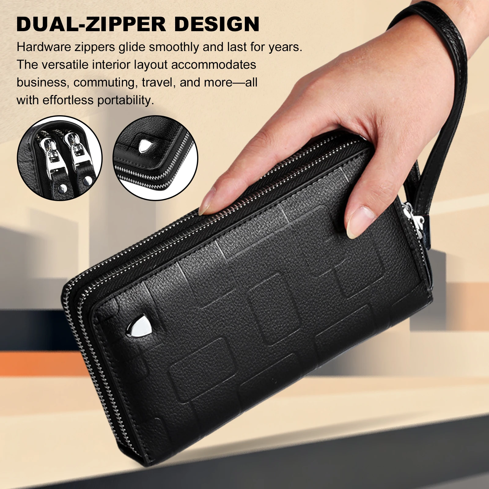 Men Leather Long Clutch Handbag with Wrist Strap Wallet Clutch Bag Zipper Wallet Purse for Men Dad Son Husband Boyfriend