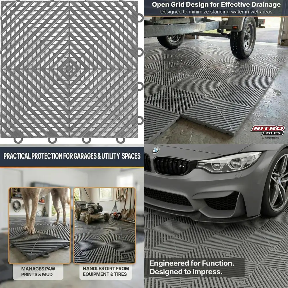 

12 x 12 Interlocking Garage Floor Tiles with Vented Design for Drainage, Suitable for Garages, Basements, and Wet Areas, Heavy-D