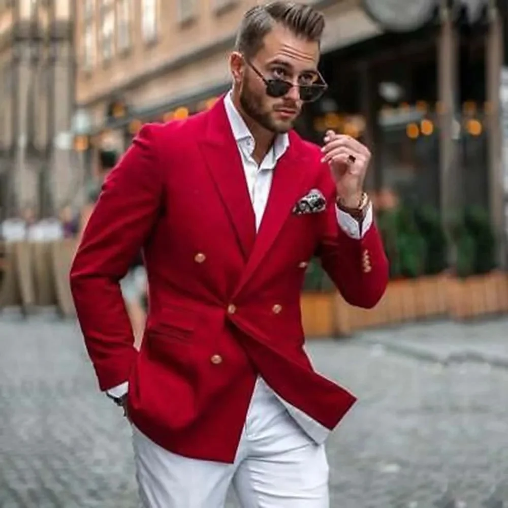 

Men's Red Trendy Leisure Boutique Suit Jacket Autumn Casual Business Slim Fit Double Button Suit Solid Formal