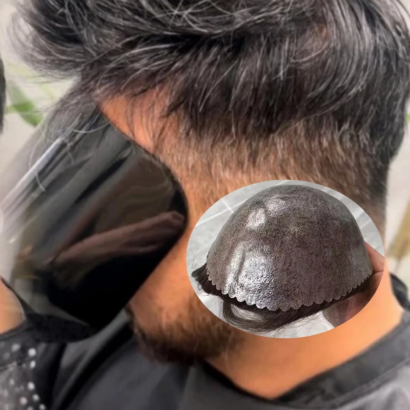 Men Toupee Male Hair Prosthesis Men's Wig 100% Human Hair Injection pu 0.1mm Toupee Indian Hair System Hairpiece 110% Density