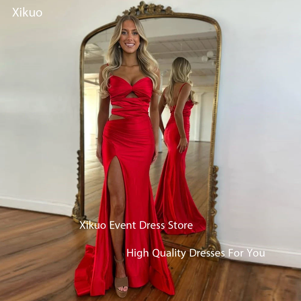 

Xikuo Fashion Red Satin Evening Gowns Mermaid Sweetheart Robe Cocktail Femmes Cut Out High Side Slit Party Prom Dress Customized