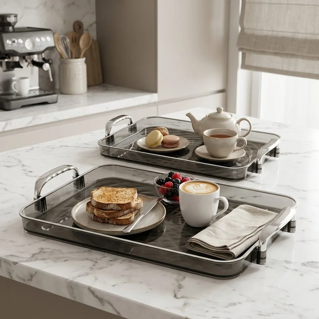 Plateau de service rectangulaire en plastique transparent avec poignées, pour aliments, thé, café, collations, vaisselle de cuisine, plats de service pour fêtes