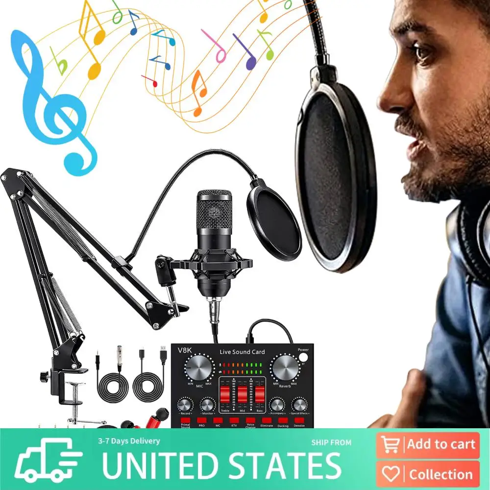 

All-in-One Podcast Equipment Bundle Audio Mixer V8K Live Sound Card with BM800 Microphone for Podcasting Gaming Music Recording