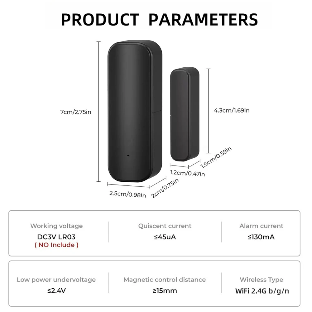 Wi-Fi,ドア開閉センサー,アプリケーション付き,通知,ウィンドウ,Tuya,ホームセキュリティ用の接触センサー,黒色