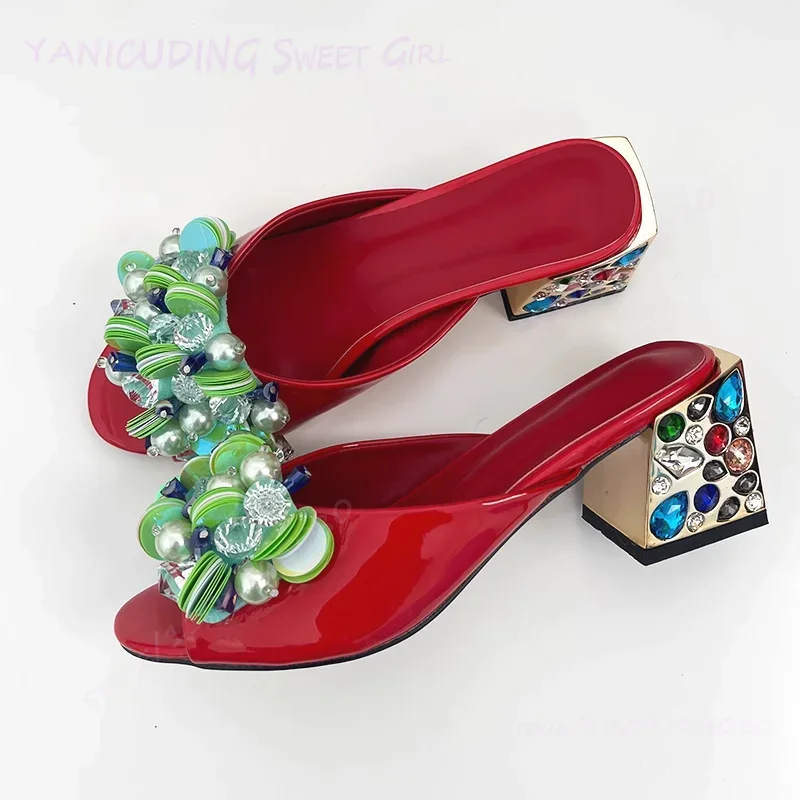

Slippers Red Patent Leather Green Crystal Gemstone Beads Sequins Women Low Heels Peep Open Shallow Gemstone Sandals Bling Shoes