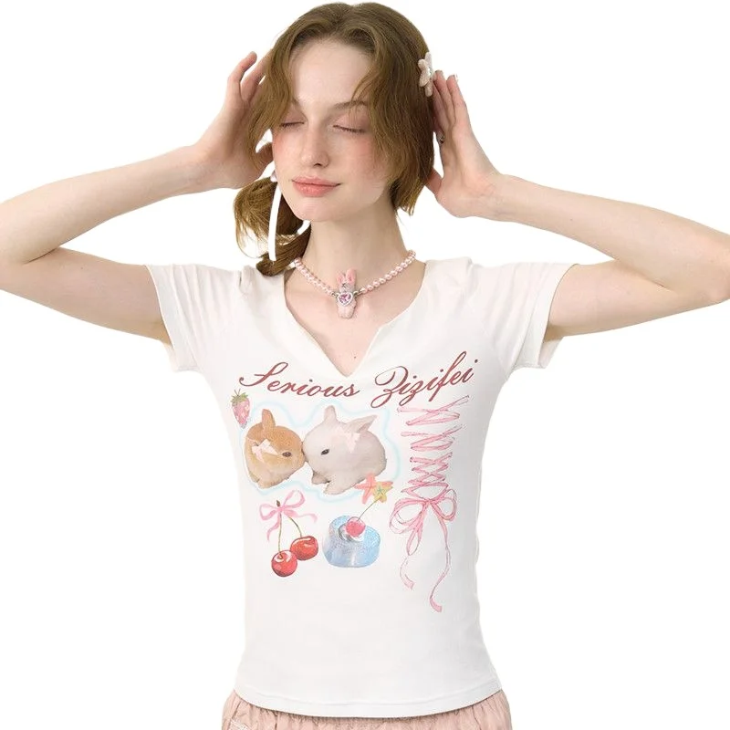 

New Summer 2026 Fashion Slimming Versatile Design Top for Women Sexy Spicy Girl Style Printing Pure Cotton Short Sleeve T-shirt