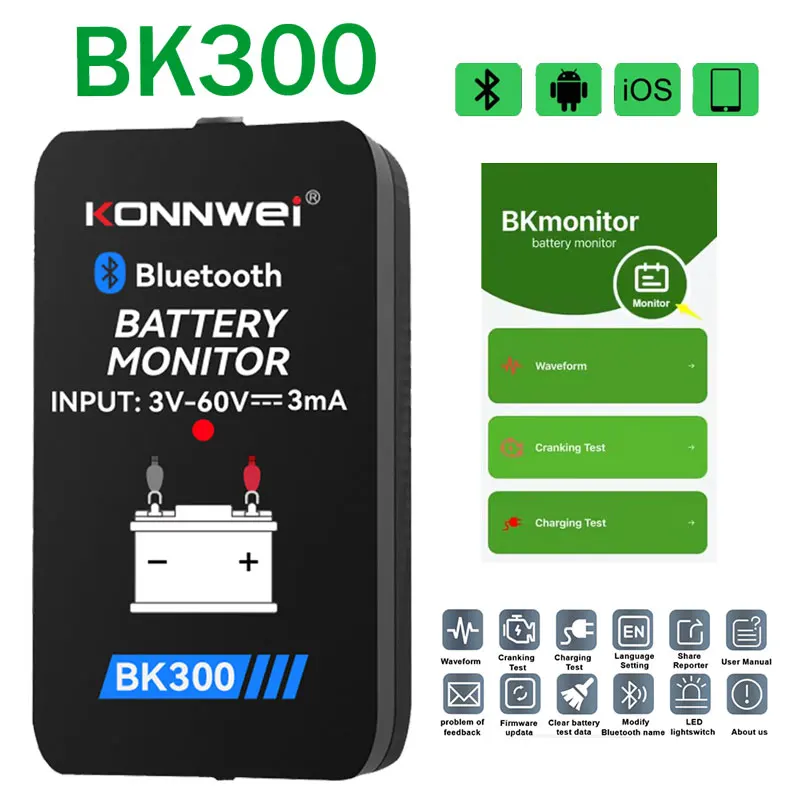 

KONNWEI BK300 12 В 24 В тестер батареи для автомобилей/грузовиков монитор сигнала зарядка инструменты для тестирования разряда Bluetooth 5,0 для iOS/Android
