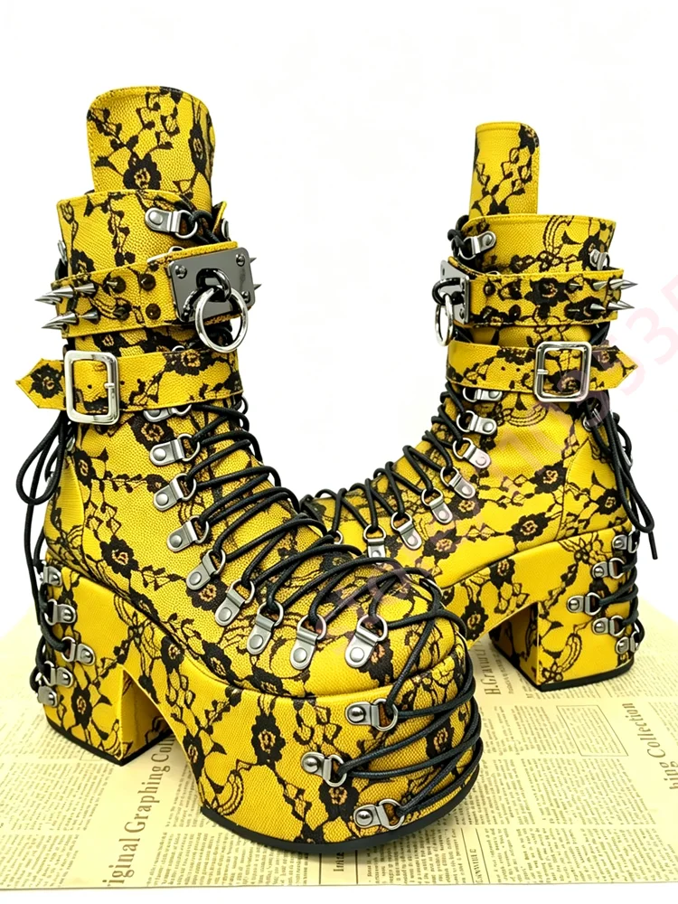 Women Floral Print Platform Ankle Boots Gothic Punk Metal Spikes Buckle Strap Lace‑Up Block High Heel Rock Street Fashion Shoes