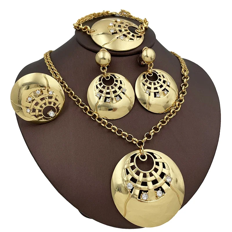 

Hight Quality Gold Color Jewelry Set Dubai Nigeria Big Pendant Necklace Bracelet Earring Gift For Women Wedding Birthday Gift