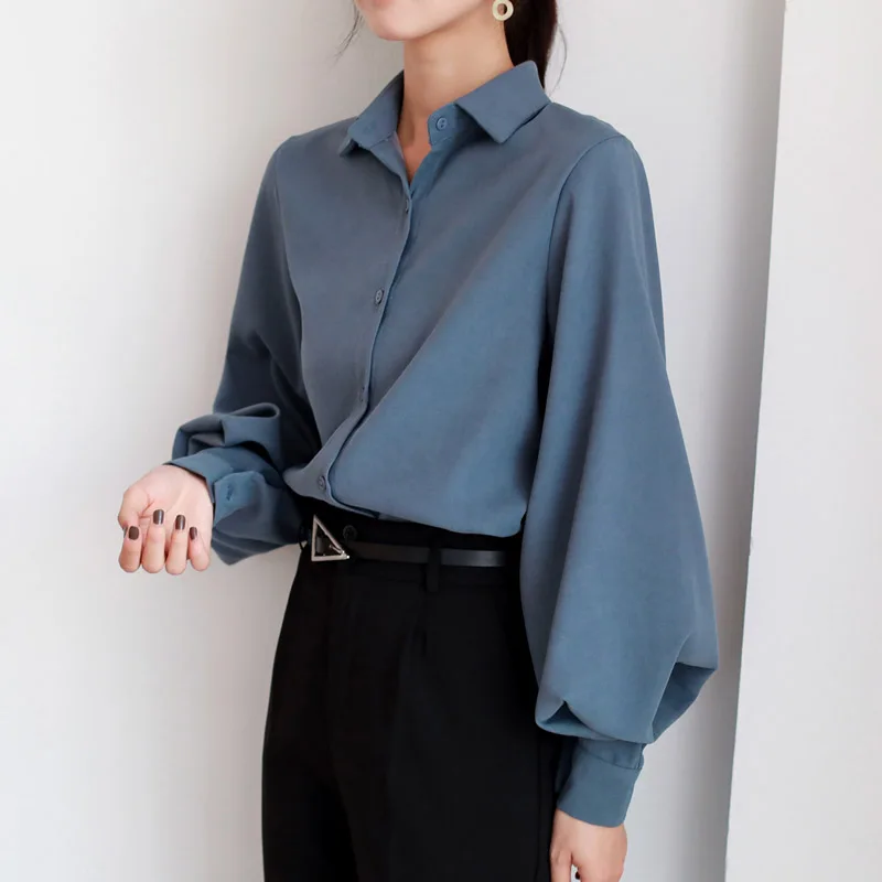 Spring Autumn Lantern Sleeve Elegant Women's White Blouse 2025 New Turn-down Collar Korean Casual Loose Shirts Female