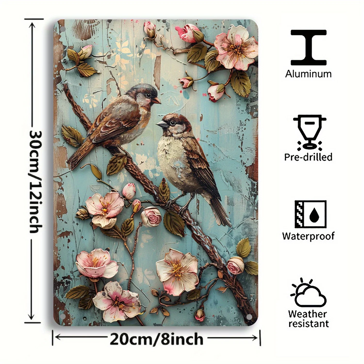 Vintage Tin Sign Rustic Bird Wall Art Decorative Metal Sign with Floral Design Suitable for Home and Garden Garden Decoration