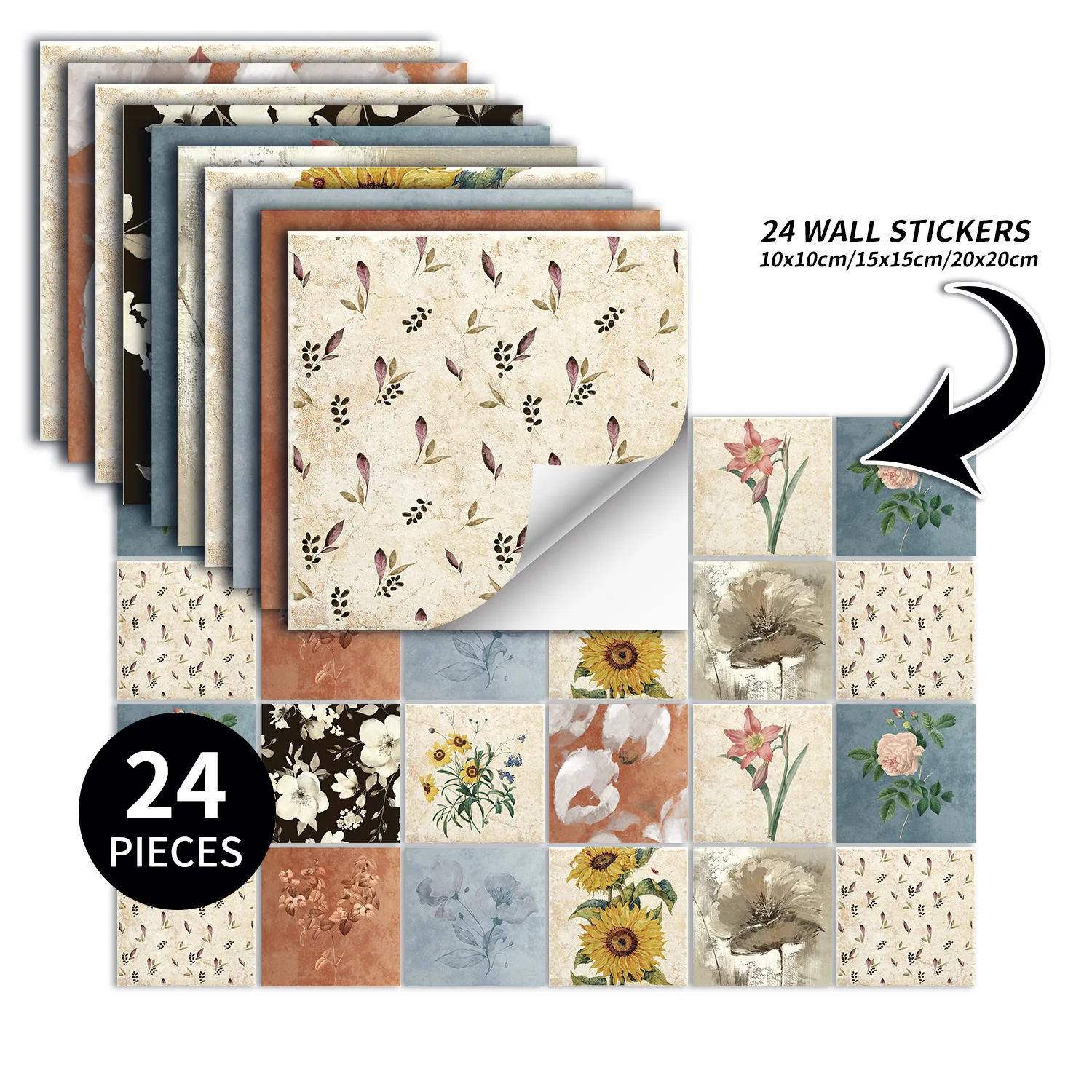 

24pcs/set Pastoral style Tiles Sticker Wall Stickers Kitchen Bathroom Home Renovation Waterproof Self-adhesive Wall Decor