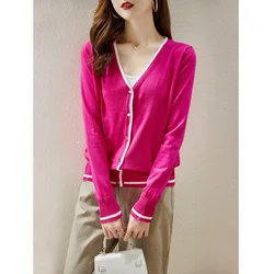 Spring Autumn New Women's Color Block V-Neck Button Casual Fashion Commuter Versatile Loose Long Sleeve Knitted Cardigan Tops