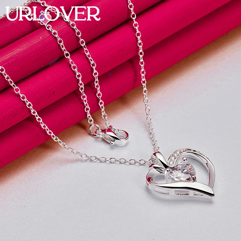 URLOVER 925 Sterling Silver Necklace For Woman Heart Zircon Crystal Pendant Necklaces Fashion Party Wedding Birthday Jewelry