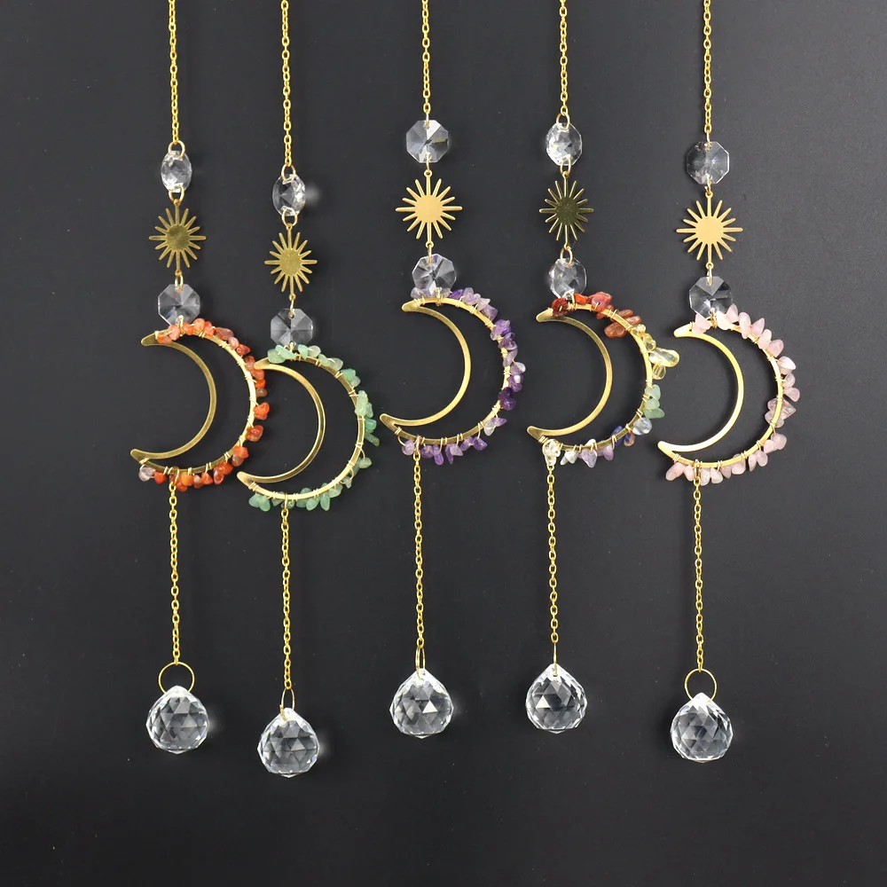 5pcs Crystal Wind Chime Ornaments Shiny Moon Sun Light Catchers Pendant Natural Stones Hanging Drop Outdoor Garden Home Decor